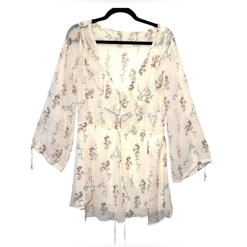 Floral Chiffon Mini Dress Ruffle V Neck Boho Cottagecore Medium
